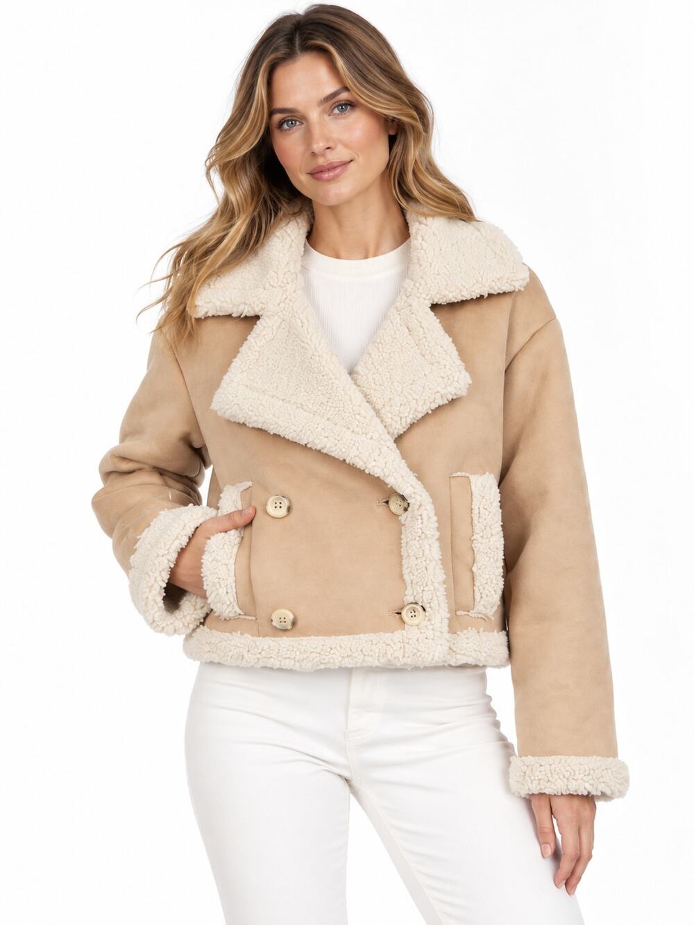 Frye Women’s Faux Suede Sherpa Penny Lane Moto Jacket Tan XL NWT